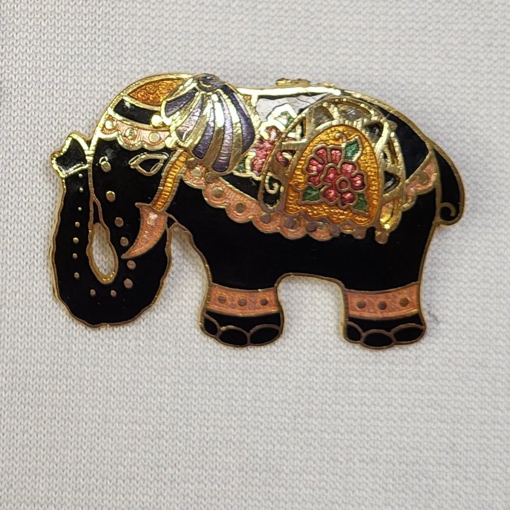 Black Cloisonne Elephant Brooches With Their Trunks Up - Picture 3 of 7